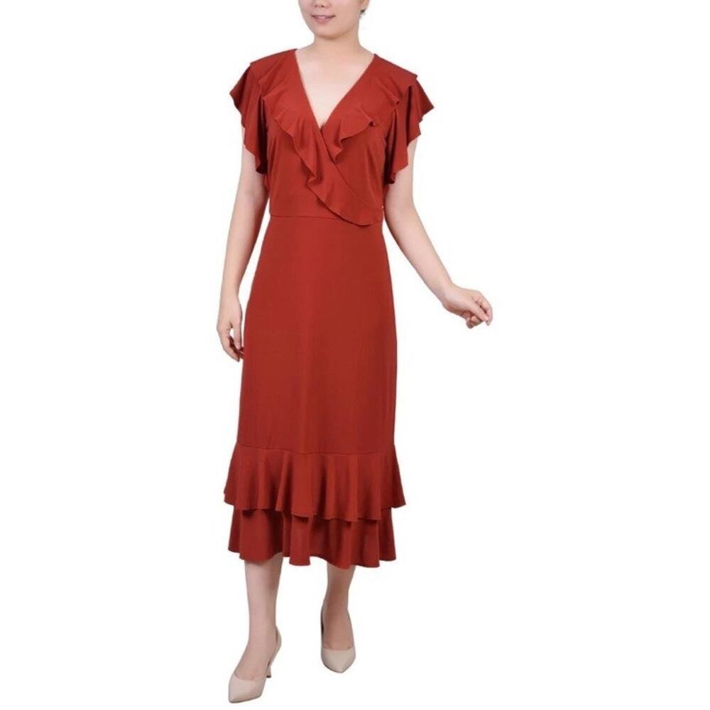 NY Collection Womens Red Brick Ruffled A Line Flutter MIDI Dress Size PL‎ NWT